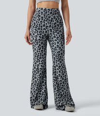High Waisted Leopard Waffle Flare Casual Pants with Pockets