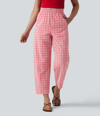 High Waisted Crinkle Plaid Casual Pants with Pockets