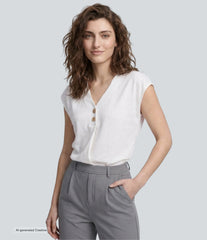 V Neck Cap Sleeve Decorative Work Blouse