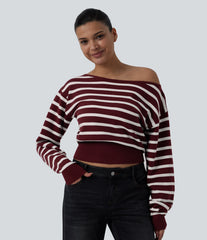 One-shoulder Long Sleeve Stripes Casual Sweater