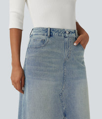 Halara Flex™ Mid Rise Contrast Leopard Mesh Midi Denim Casual A-line Skirt with Pockets