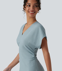 V-neck Short Sleeve Invisible Zipper Ruched Maxi A-line Work Dress