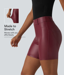 High Waisted Stretchy PU Casual Biker Shorts 5'' with Pockets