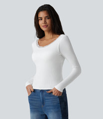 Ribbed Knit Scoop Neck U-back Long Sleeve Contrast Lace Built-in Bra Casual Top