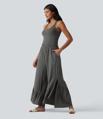 Crisscross Backless U-Neck Sleeveless Ruffle Hem Flowy Casual Jumpsuit with Pockets-Easy Peezy