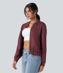 SpacerTek™ Rounded Neck Long Sleeve Casual Bomber Jacket with Pockets