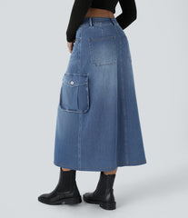 Halara Flex™ Mid Rise Zipper Pockets A Line Denim Maxi Casual Cargo Skirt