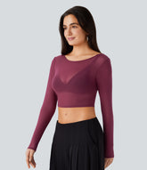 Boat Neck Long Sleeve Sheer Mesh Cropped Top