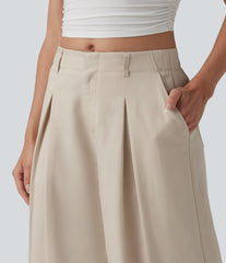 Mid Rise Pleated Lyocell Linen-Blend Casual Baggy Pants with Pockets