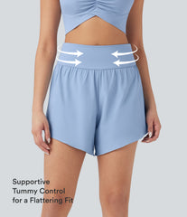 SoftlyZero™ QuickDry High Waisted Tummy Control Reflective Dots Crossover Hem 2-in-1 Running Shorts 5'' with Pockets