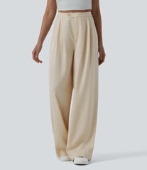 High Waisted Pleated Wide Leg Baggy Draped Flowy Linen Casual Pants with Pockets