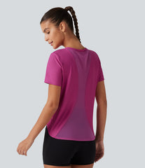 Round Neck Short Sleeve Contrast Mesh Yoga Sports Top