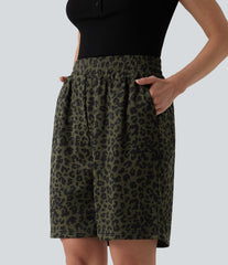 High Waisted Leopard Print Casual Bermuda Shorts with Pockets
