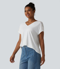 V-neck Batwing Short Sleeve Contrast Lace InstantCool Quick Dry Casual Top-UPF50+