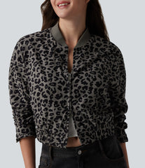 Long Sleeve Leopard Print Bomber Jacket with Pockets