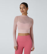 Contrast Mesh Long Sleeve 2-in-1 Cropped Yoga Sports Top