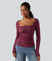 Square Neck Ruched Long Sleeve Casual Top