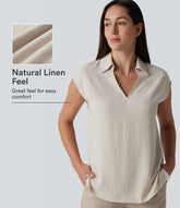 V-neck Sleeveless Split Hem Work Linen-Blend Blouse