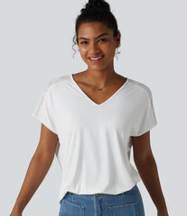 V-neck Batwing Short Sleeve Contrast Lace InstantCool Quick Dry Casual Top-UPF50+