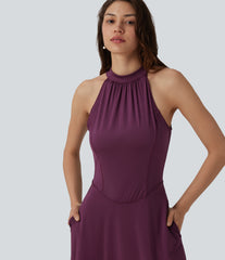 Mock Neck Sleeveless Invisible Zipper Midi Stretchy Satin-Like InstantCool Bridesmaid And Wedding Guest Flowy Dress with Pockets