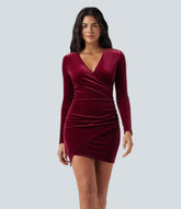 Deep V Neck Long Sleeve Ruched Velvet Mini Bodycon Dresses