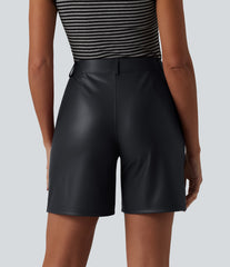 High Waisted Stretchy PU Casual Bermuda Shorts with Pockets