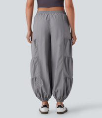 Mid Rise Drawstring Pocket Ruched Parachute Casual Cargo Baggy Joggers