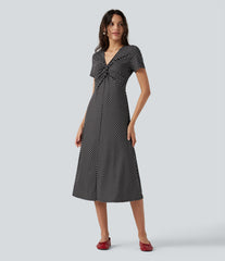 V Neck Short Sleeve Polka Dot Midi Casual Dress