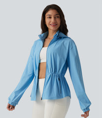 Durable Water Repellent Removable Hood Drawstring Workout Jacket with Zip Pockets