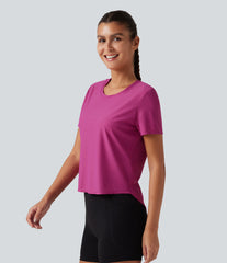 Round Neck Short Sleeve Contrast Mesh Yoga Sports Top