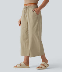 Mid Rise Drawstring Cropped Stretchy Poplin Casual Baggy Pants with Pockets