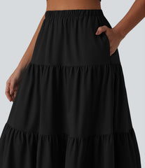 High Waisted A-Line Stretchy Poplin Midi Casual Skirt with Pockets