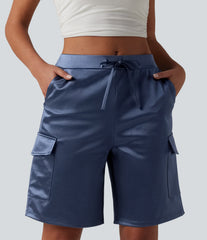 Mid Rise Drawstring Satin Casual Cargo Bermuda Shorts 9'' with Pockets