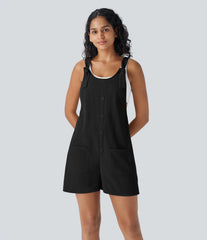 Knot Strap Decorative Pockets Waffle Short Overalls