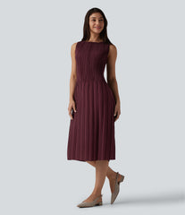 Boat Neck Sleeveless Belted Plisse Midi Work Dress