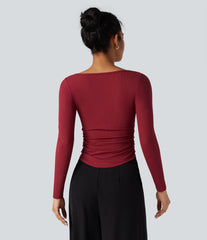 Ribbed Knit Henley Neck Long Sleeve Ruched Curved Hem Work T-Shirt