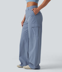 Asymmetric Mid Rise Wide Leg Casual Cargo Pants with Pockets