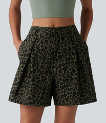 Mid Rise Leopard Print Casual Baggy Shorts 5'' with Pockets