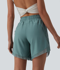 Mid Rise Drawstring Contrast Mesh 2-in-1 Flowy Yoga Shorts 7''