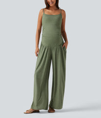 Built-In-Bra Ruched Wide Leg Heathered Casual Maternity Slip Jumpsuit with Pockets-Easy Peezy Edition