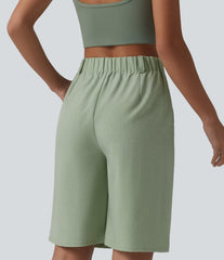Wrinkle-resistant High Waisted Invisible Zipper Pleated Linen-Feel Casual Bermuda Baggy Shorts with Pockets
