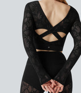 SoftlyZero™ Contrast Lace Crossover Hem Long Sleeve Cropped Yoga Sports Top-UPF50+