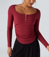 Ribbed Knit Henley Neck Long Sleeve Ruched Curved Hem Work T-Shirt