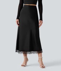 High-waisted Satin Contrast Lace Midi Casual A-Line Skirt