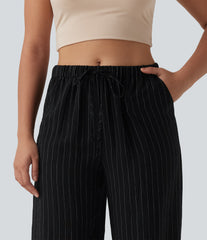 Mid Rise Drawstring Stripes Casual Linen-Blend Baggy Pants with Pockets