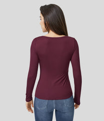 Ribbed Henley Neck Long Sleeve Slim Casual T-Shirt