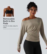 2-Piece One Shoulder Long Sleeve Thumb Hole Ruched Casual Sports Top