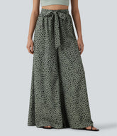 High Waisted Tie Front Wide Leg Baggy Leopard Print Casual Pants with Pockets