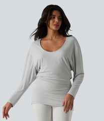U-neck Batwing Long Sleeve Ruched Yoga Top