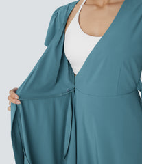 Breezeful™ V Neck Short Sleeve Wrapped Tie Pocket Ruffle Flowy Quick Dry Midi Casual Dress